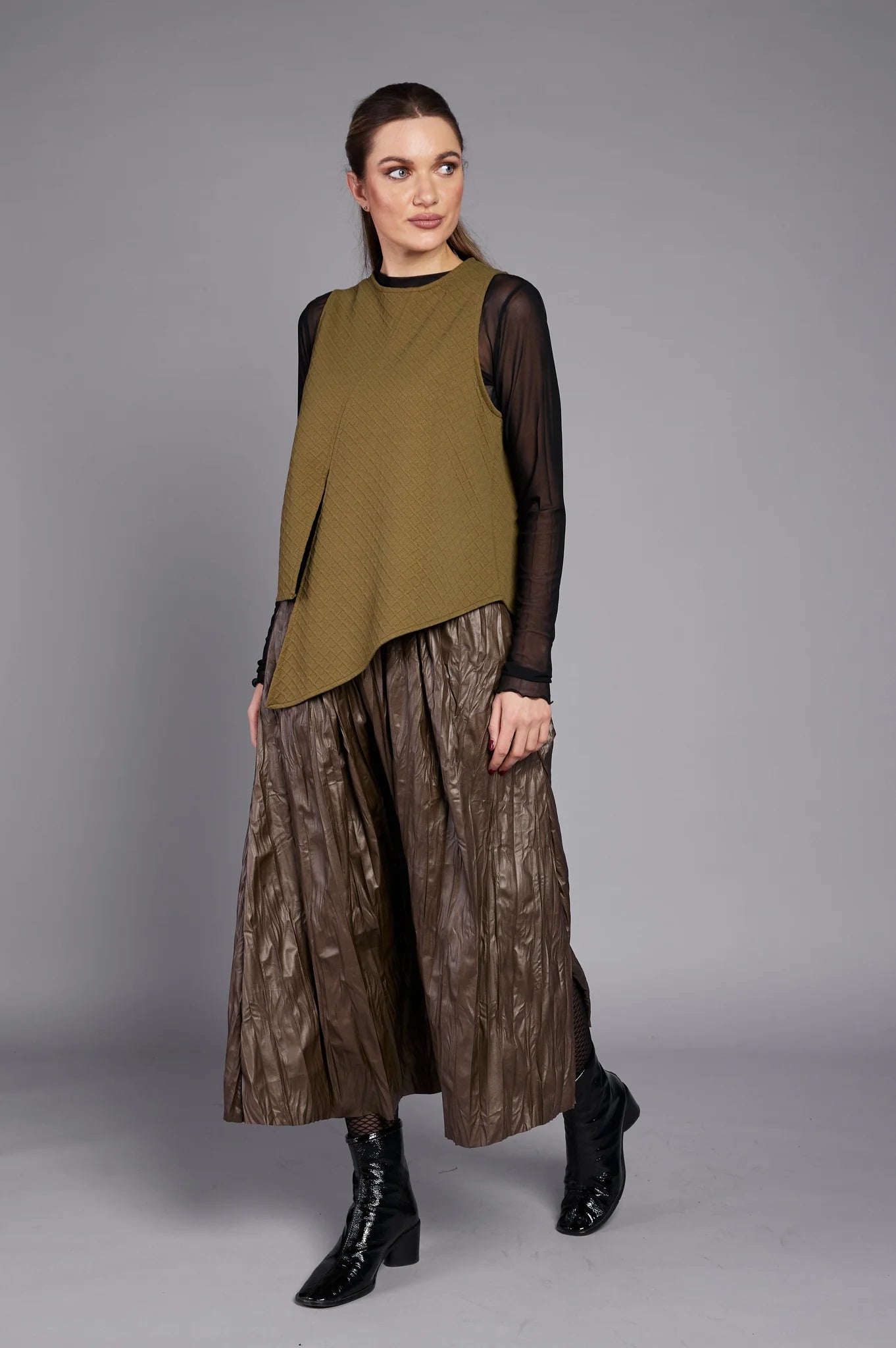 Paolo Tricot, WT330004 Pleated Skirt, Olive silk skirt elegant