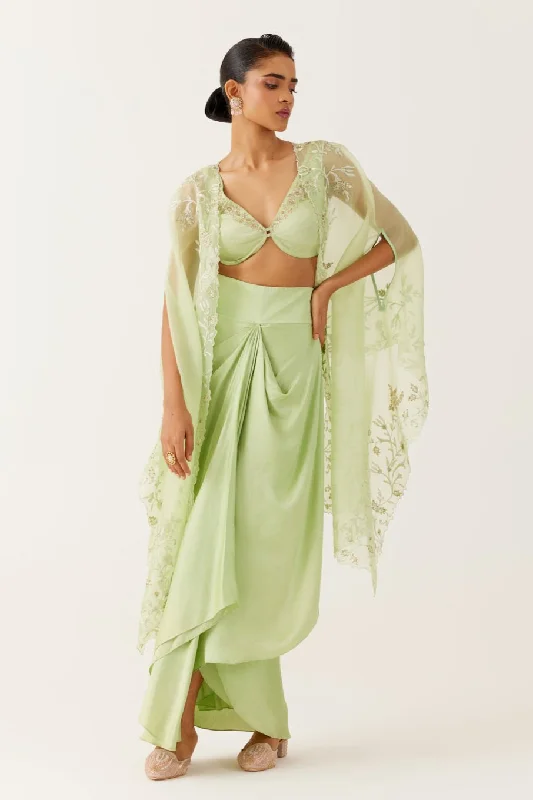 Pistachio Green Sequined Cape and Draped Skirt Set velvet skirt luxury