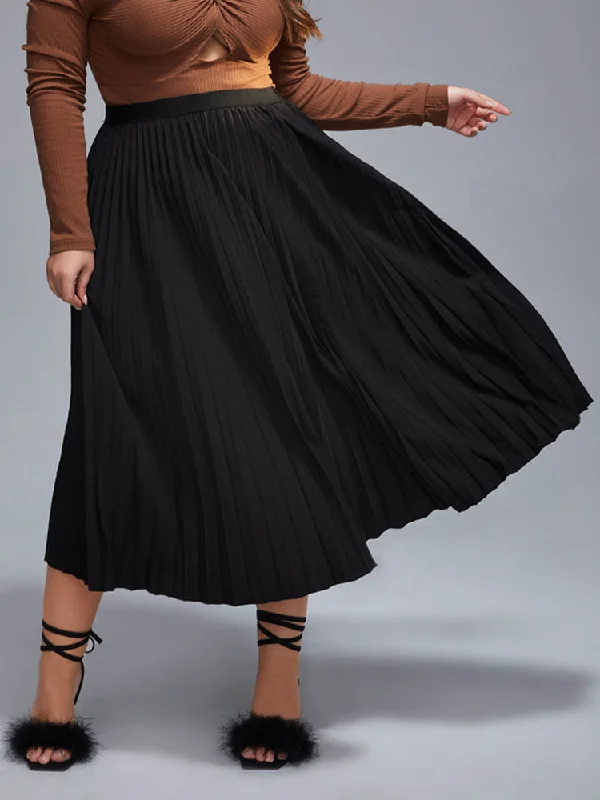 Plus Black Elastic Waist Pleated Skirt high waist skirt