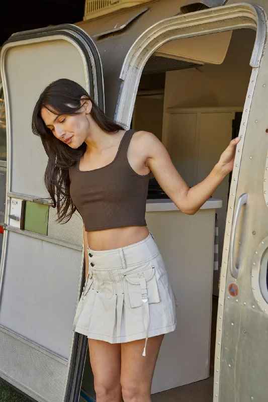 Pleated Cargo Mini Skirts - Khaki leather skirt durable