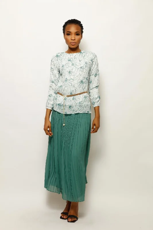 PLEATS AND SKIRT DOODLE FLORAL SET wool skirt breathable