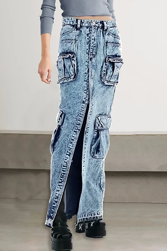 Pocket Patchwork Slit A-line Denim Cargo Skirt linen skirt natural