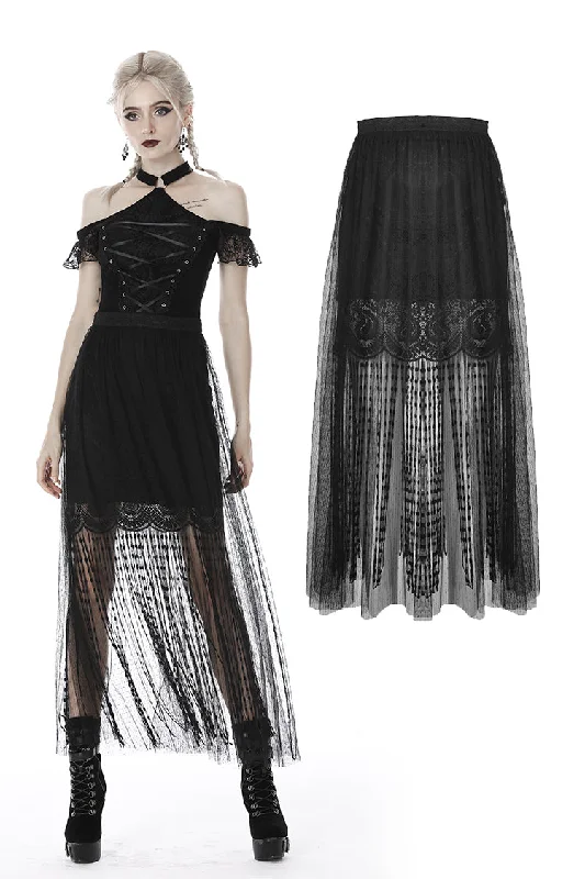 Punk tasseled mesh see-through long skirt KW167 linen skirt breathable