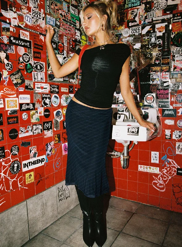 Quincey Bias Cut Midi Skirt Navy leather skirt durable