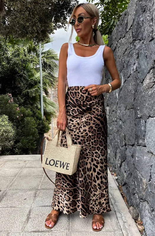 Riva Satin Leopard Print Maxi Skirt-Brown wool skirt warm