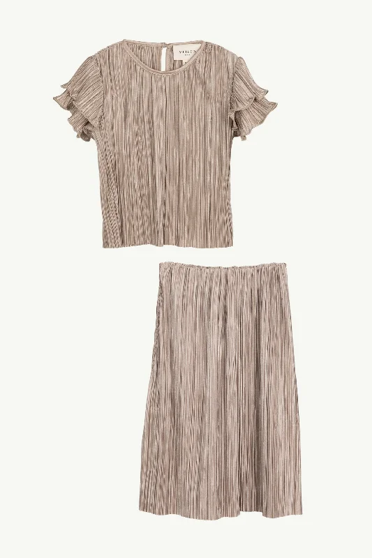 Satin Plisse Top & Skirt Set - Taupe (Girls) velvet skirt glossy