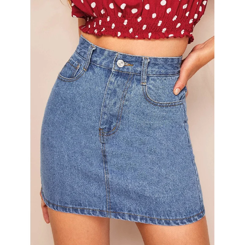 Stitch Detail High Waist Denim Skirt silk skirt lustrous