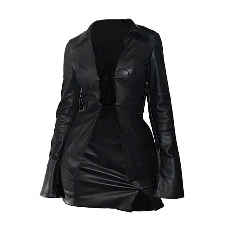 Turnover collar long sleeve PU leather self tie mini skirt set leather skirt durable