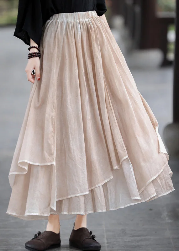 Women Khaki elastic waist Asymmetrical Design layered Linen Skirts Summer chiffon skirt delicate