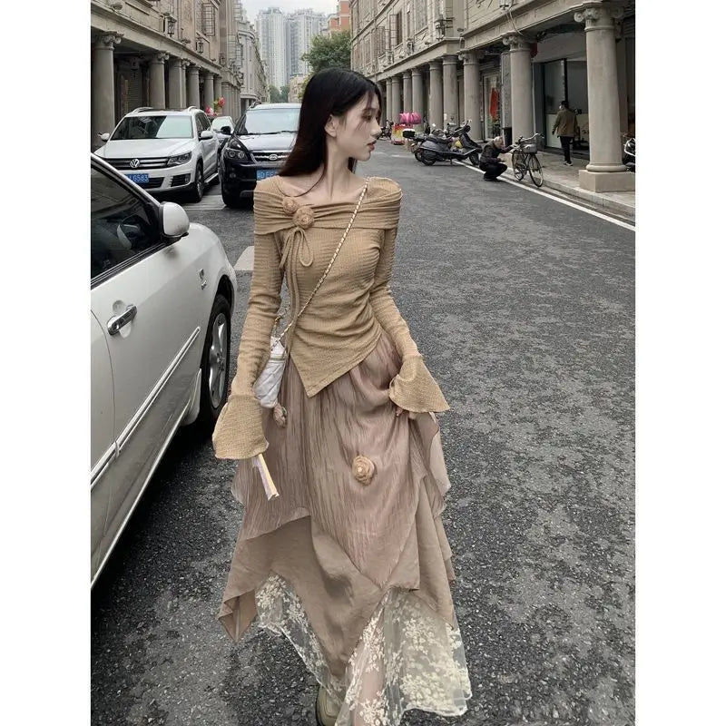 Women's Atmosphere Slim Fit One Shoulder Top Irregular Skirt  2-piece Set leather skirt durable