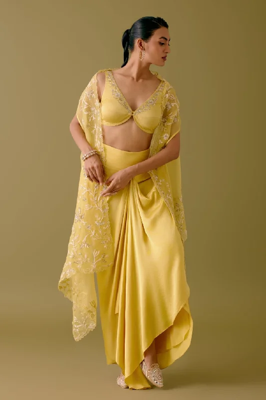 Yellow Sequined Cape and Draped Skirt Set silk skirt smooth